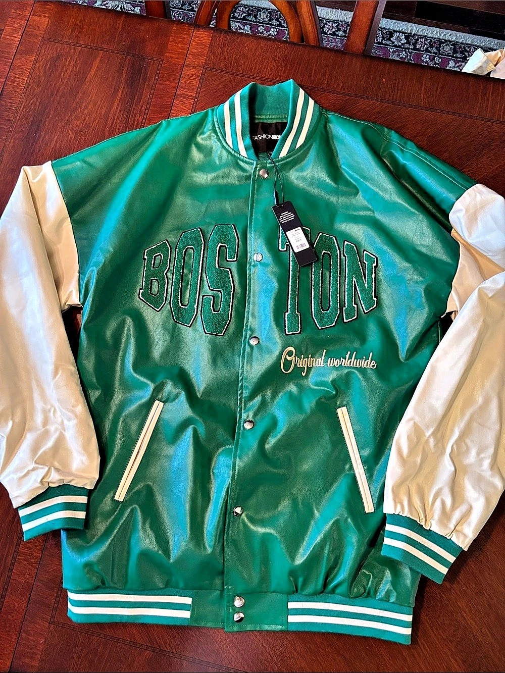 Fashion Nova Lucky Boston Bomber Jacket Green & White Small NWT